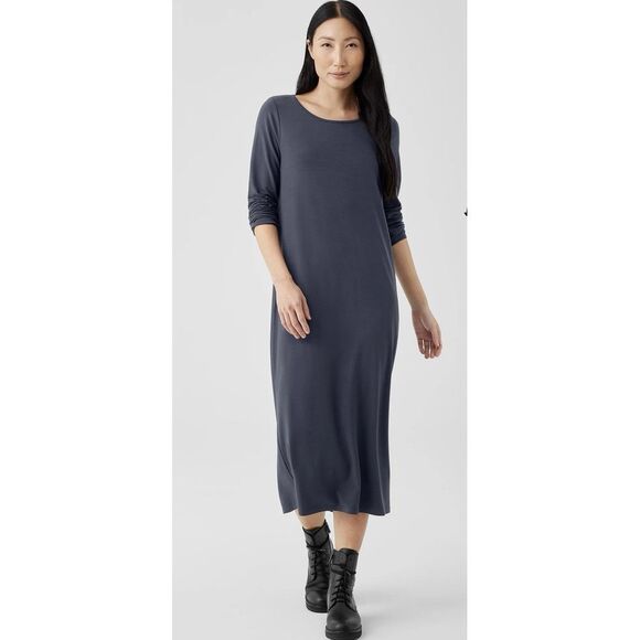 NEW Eileen Fisher Stretch Jersey Jewel Neck Long Sleeve Midi Length Dress Blue - Picture 1 of 12